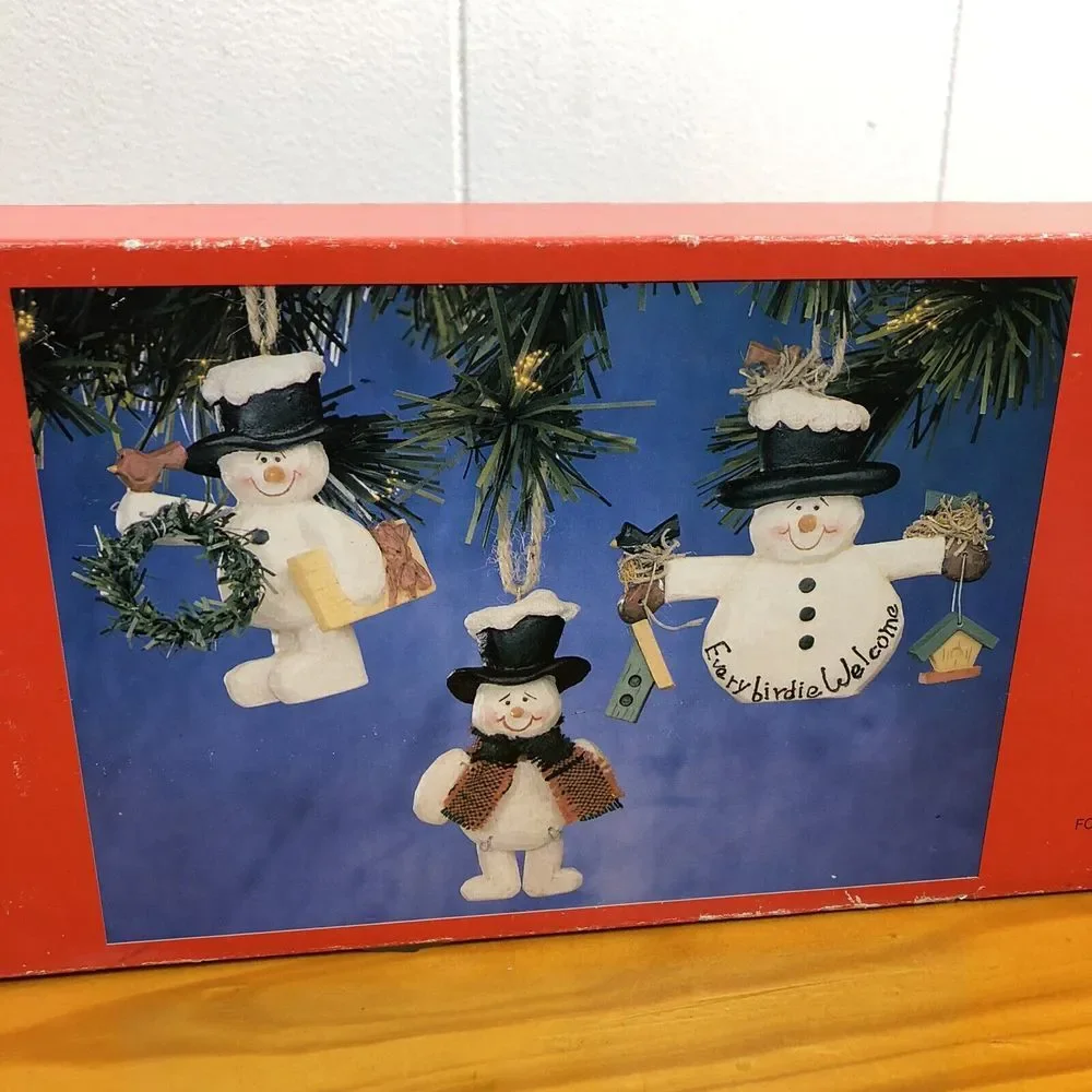 Folk‎ Art Set 3 Snowmen Christmas Tree Ornaments In Box Holiday Decor